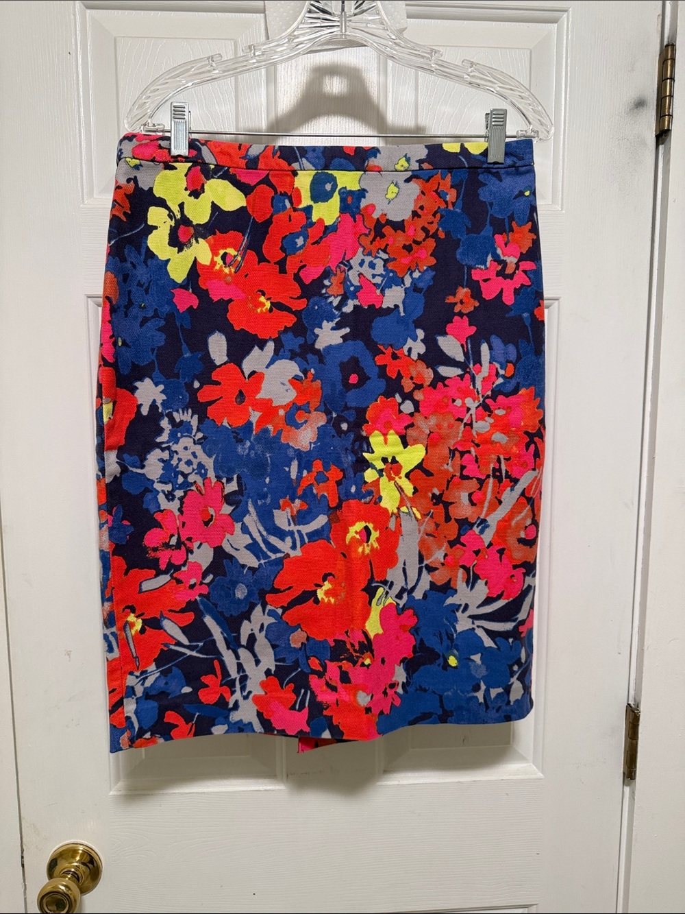 LOFT Navy Floral Pencil Skirt with Bright Pink, Red & Neon Yellow Accents